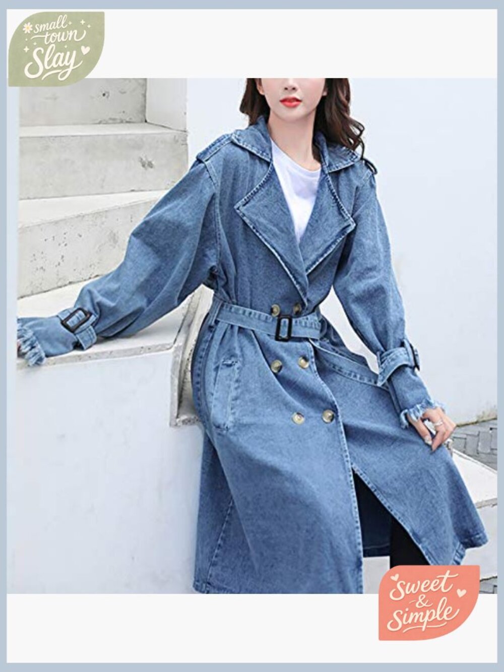 Women's Long Denim Jacket with Belt Oversized Trench Coat Button Down Spring - Picture 4 of 5